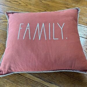 Rae Dunn FAMILY. embroidered 20” square burnt orange pillow with feather pillow